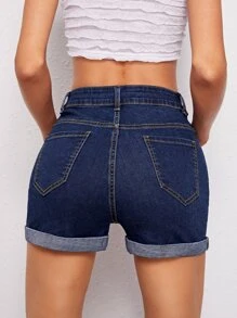 Dark Wash Cuffed Denim Shorts - Dark Wash - View 2