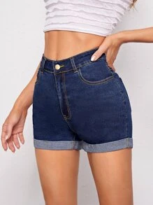 Dark Wash Cuffed Denim Shorts - Dark Wash - View 4