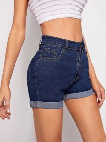 Dark Wash Cuffed Denim Shorts - Dark Wash - View 5