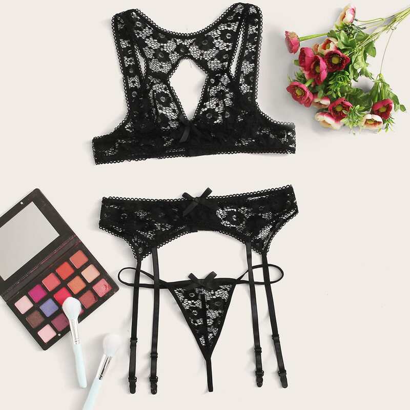 

Floral Lace Garter Lingerie Set, Black