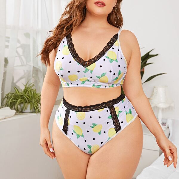 

Plus Lemon Polka Dot Print Lace Lingerie Set, Multicolor