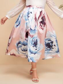 SHEIN 大碼四四方方百褶印花半身裙 - 淺粉色 - 查看 3