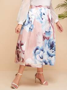 SHEIN 大碼四四方方百褶印花半身裙 - 淺粉色 - 查看 5