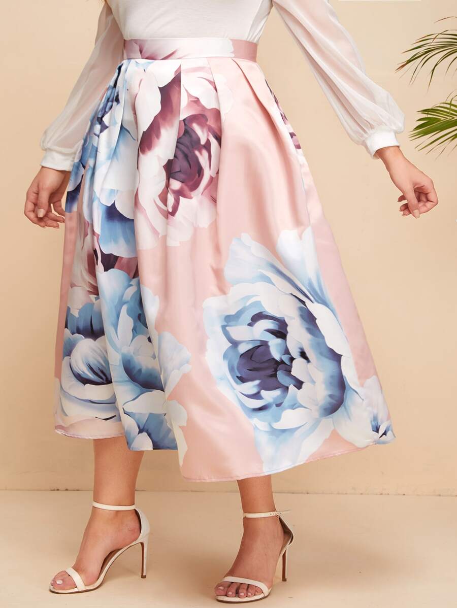 SHEIN 大碼四四方方百褶印花半身裙 - 淺粉色 - 查看 1