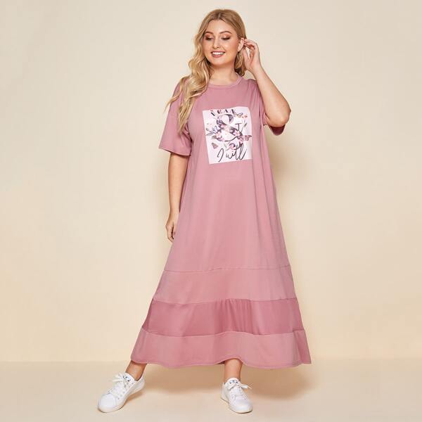 

Plus Floral And Letter Graphic Maxi Dress, Dusty pink