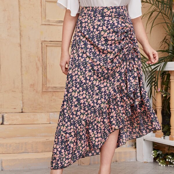 

Plus Drawstring Front Asymmetrical Hem Skirt, Multicolor