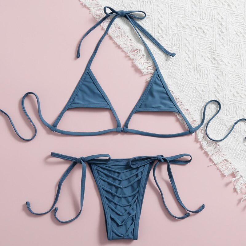 

Cut-out Self Tie Bikini Swimsuit, Dusty blue