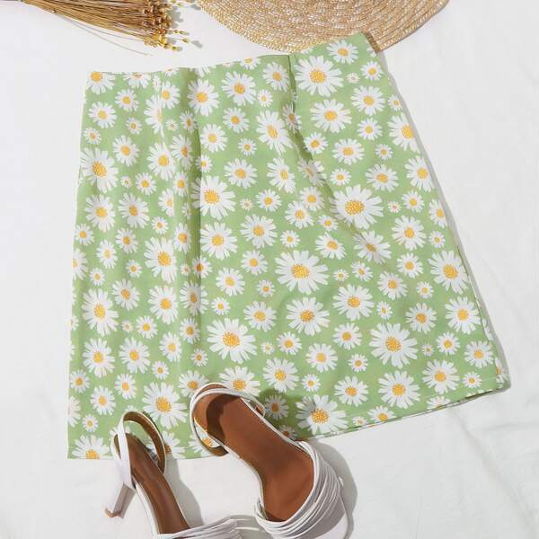 

Daisy Floral Zip Back Skirt, Lime green