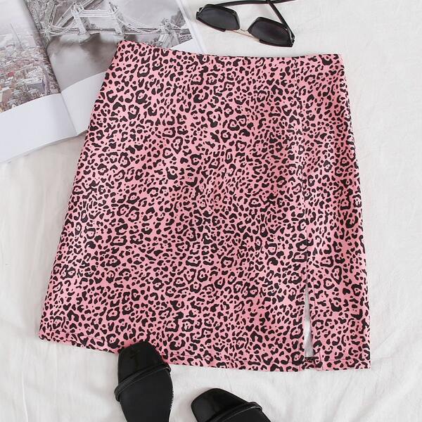 

Leopard Print Split Hem Skirt, Dusty pink