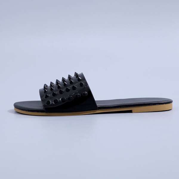 

Open Toe Rivet Decor Sliders, Black