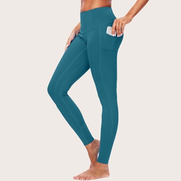 

Mesh Pocket Topstitching Sports Leggings, Teal blue
