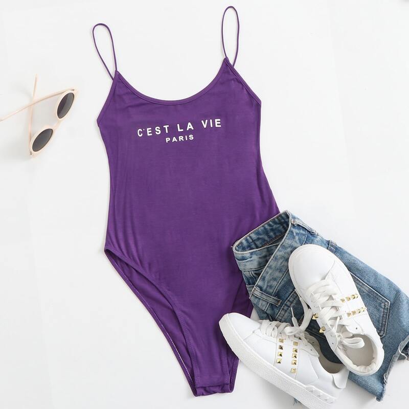 

Slogan Graphic Cami Bodysuit, Violet purple