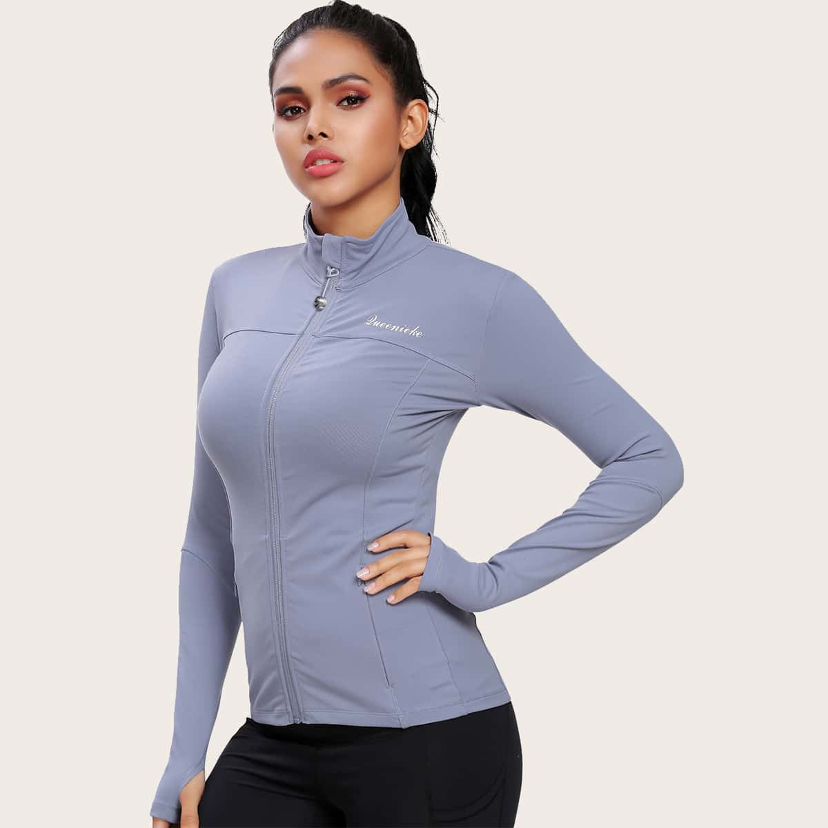 

Queenieke Zip Front Letter Graphic Sports Jacket, Dusty blue