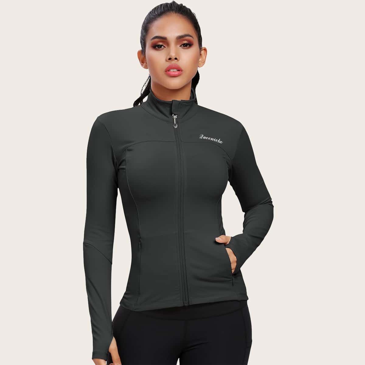 

Queenieke Zip Front Letter Graphic Sports Jacket, Dark grey