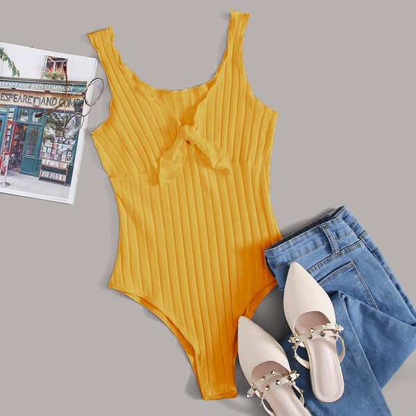 

Tie Front Lettuce Edge Rib-knit Bodysuit, Mustard yellow