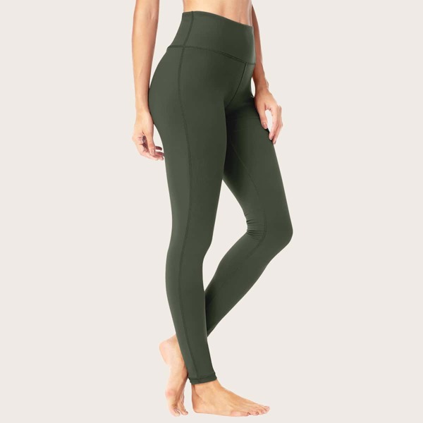 

Solid Topstitching Sports Leggings, Army green