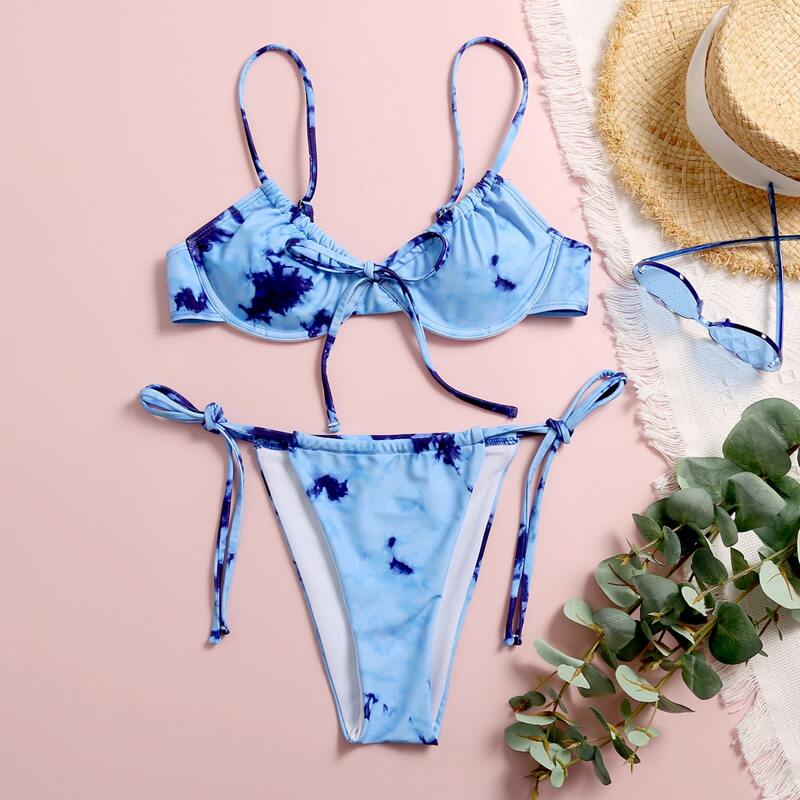 

Tie Dye Underwire Tie Side Bikini Swimsuit, Baby blue