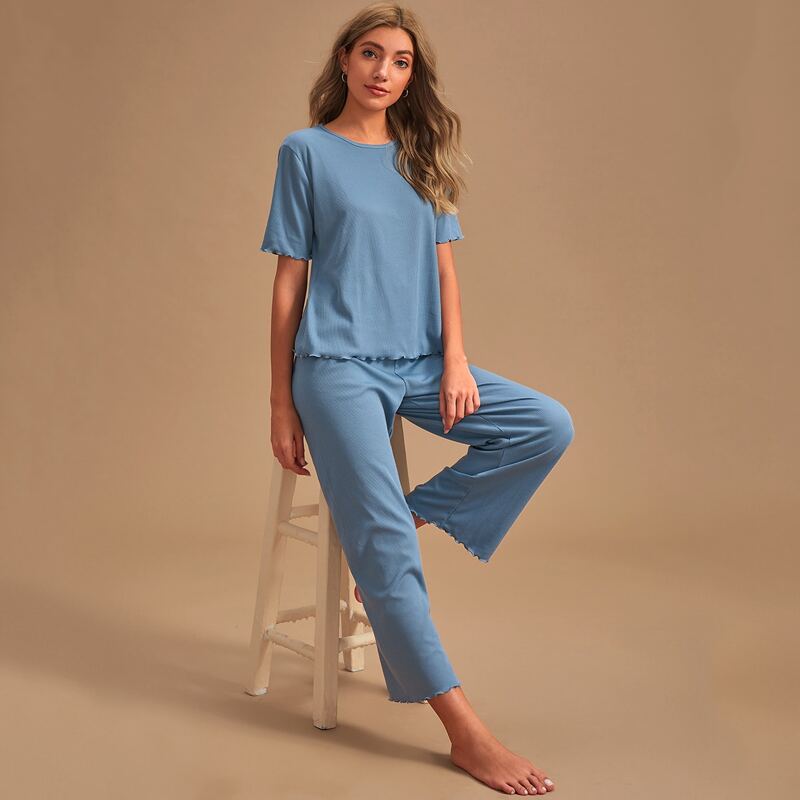 

Lettuce Trim Tee With Pants Lounge Set, Dusty blue