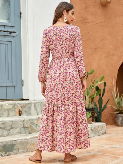 Ditsy Floral Ruffle Hem Button Detail Dress