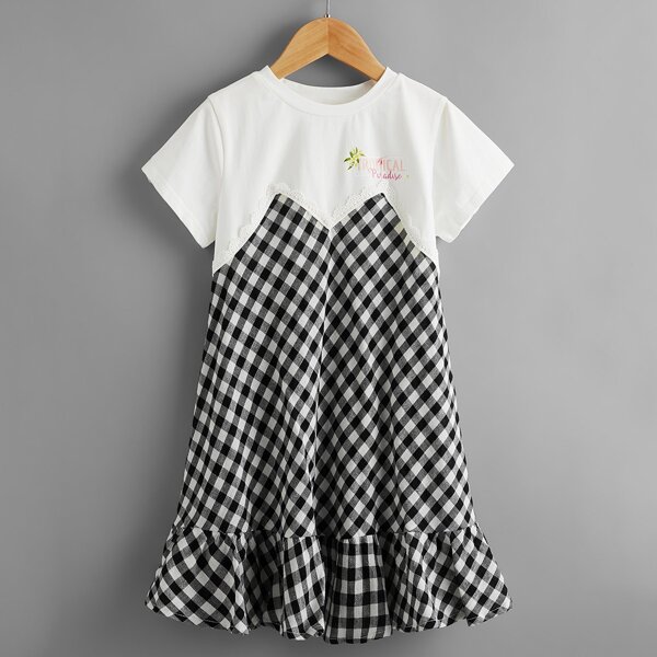 

Girls Buffalo Plaid & Letter Graphic Lace Trim Smock Dress, Black and white