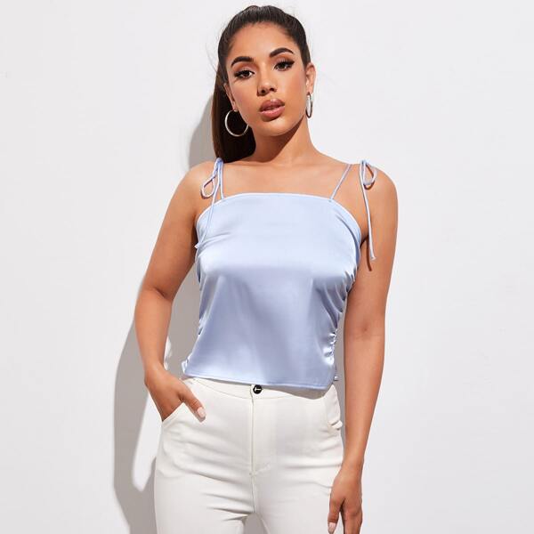 

Knot Shoulder Shirred Back Satin Cami Top, Pastel baby blue