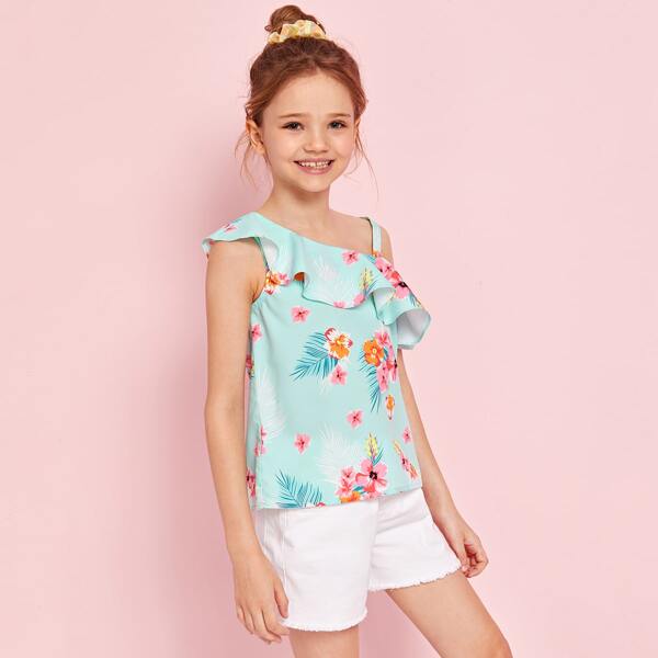 

Girls Ruffle Trim Asymmetrical Neck Floral Top, Mint green
