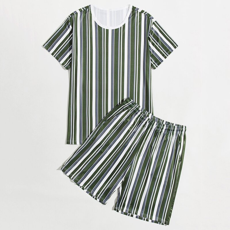 

Guys Vertical Striped Tee & Shorts, Army green