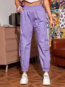 SHEIN High Waisted Windbreaker Cargo Joggers - Lilac Purple - View 4