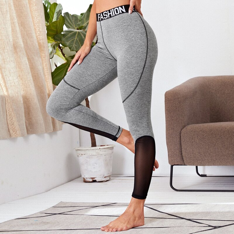 

Letter Tape Contrast Mesh Leggings, Grey