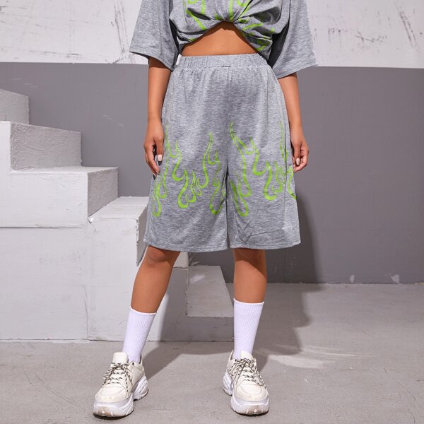 

High Waist Fire Print Shorts, Grey
