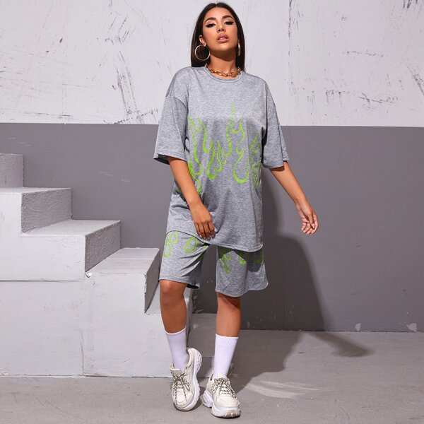 

Drop Shoulder Fire Print Longline Tee, Grey