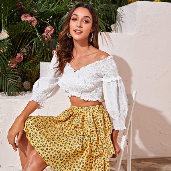 

Frill Trim Shirred Crop Top, White