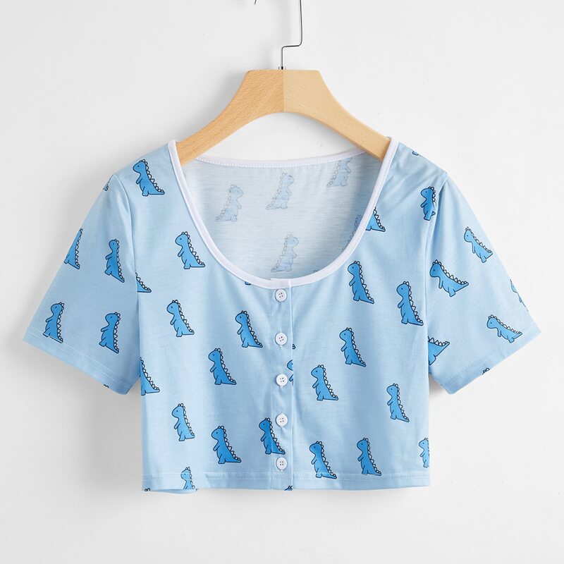 

Dinosaur Graphic Button Front Tee, Baby blue