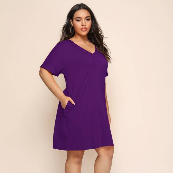 

Plus Rolled Cuff Slant Pocket Solid Tee Dress, Purple