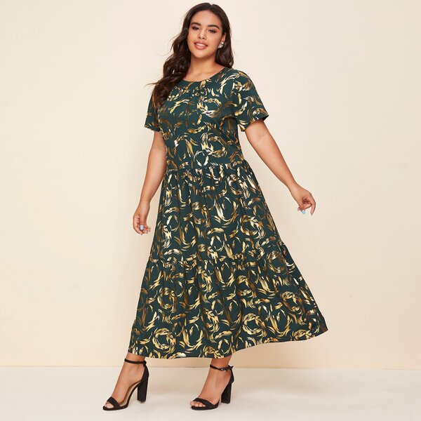 

Plus Gold Print Ruffle Hem Dress, Dark green