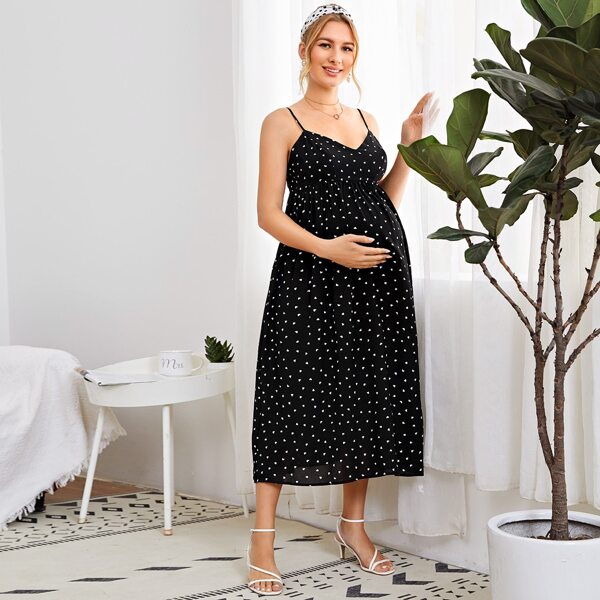 

Maternity Zipper Back Heart Print Slip Dress, Black