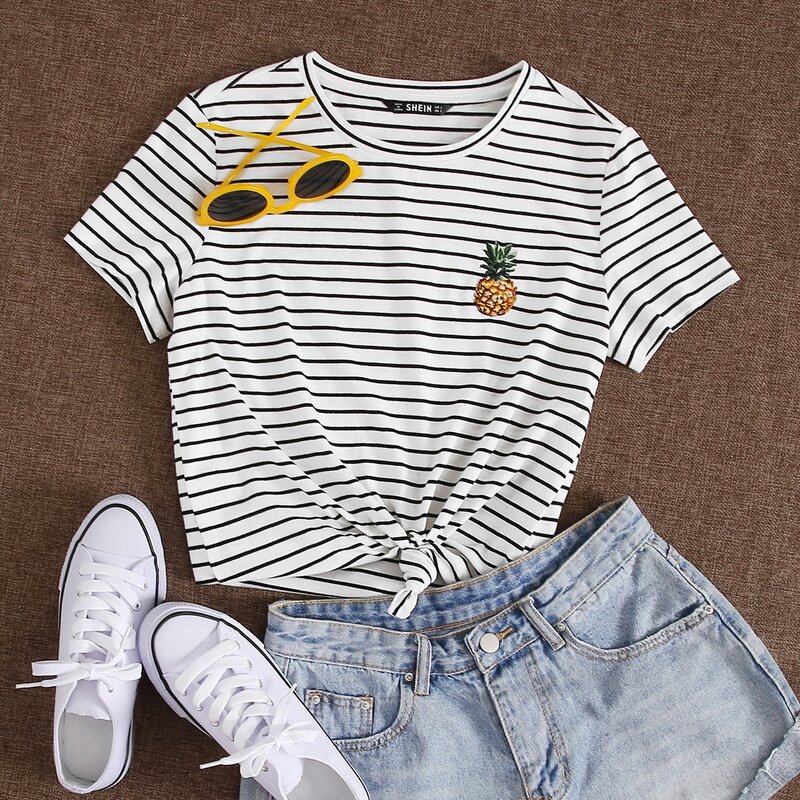 

Embroidery Pineapple Striped Tee, White