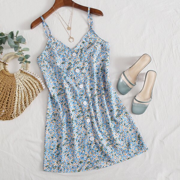 

Single Breasted Front Ditsy Floral Dress, Baby blue