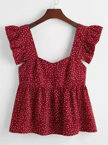SHEIN Ruffle Strap Dot Print Peplum Top - Burgundy - View 1