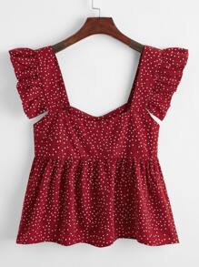 SHEIN Ruffle Strap Dot Print Peplum Top - Burgundy - View 2