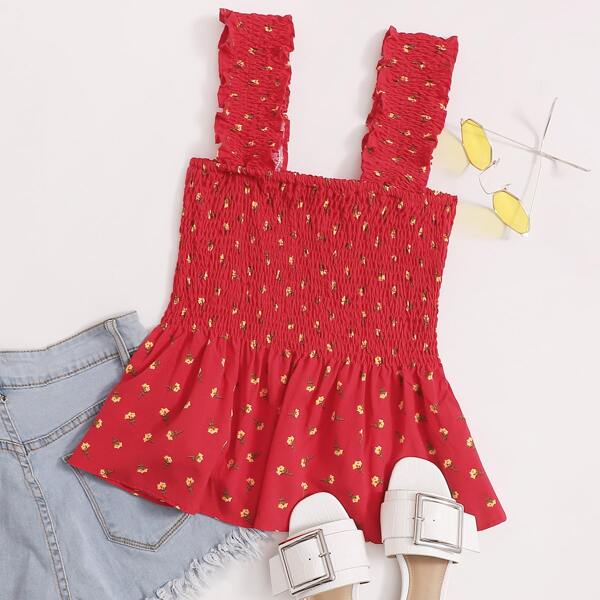 

Frill Trim Shirred Ditsy Floral Top, Red