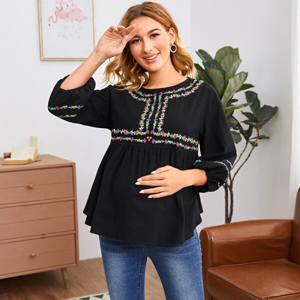 

Maternity Ditsy Floral Embroidered Lantern Sleeve Smock Top, Black