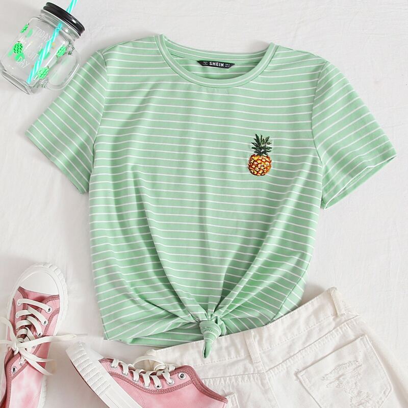 

Pineapple Embroidered Striped Tee, Mint green