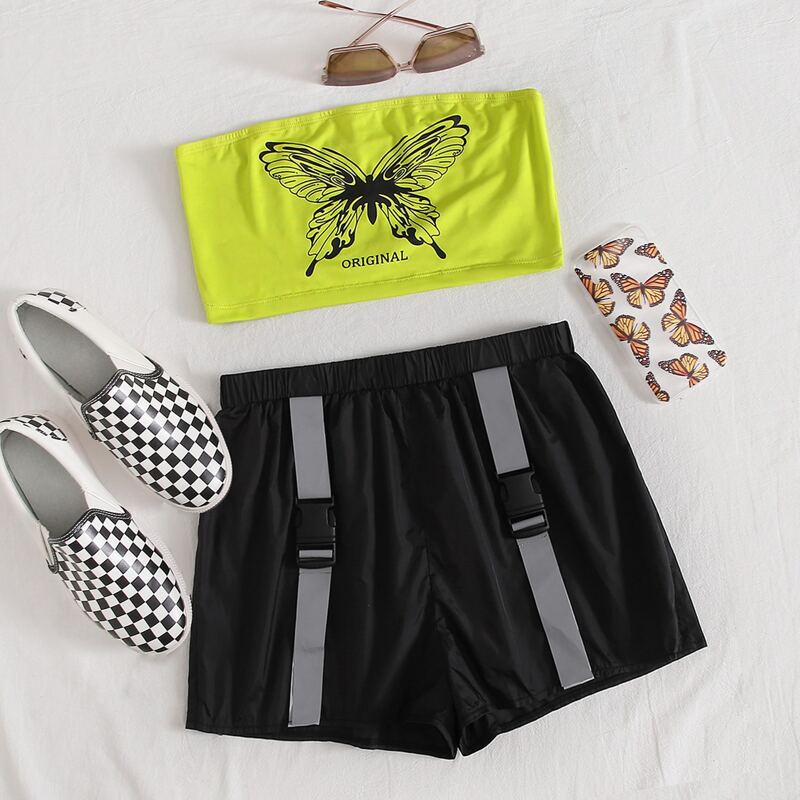 

Butterfly Bandeau Top & Release-Belt Shorts Set, Multicolor
