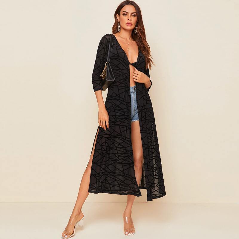 

Split Hem Geo Mesh Kimono, Black