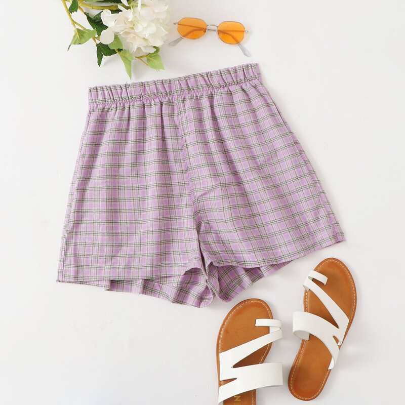 

Plaid High Waist Wide Leg Shorts, Lilac purple