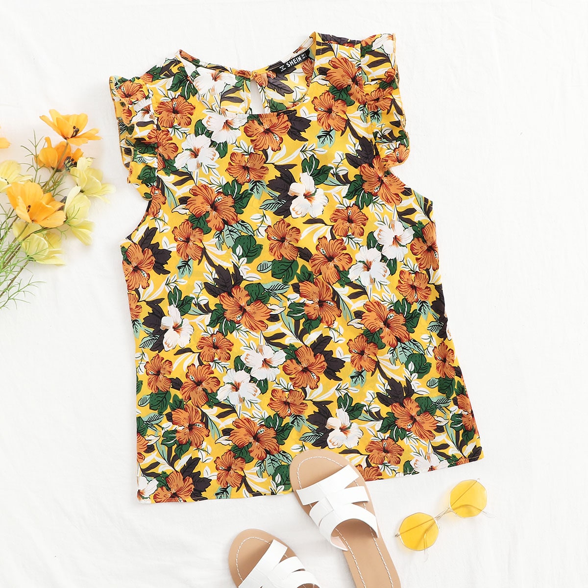 Image of Allover Floral Print Ruffle Armhole Top