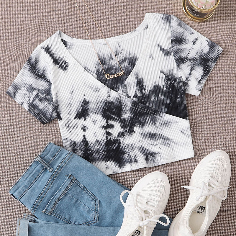 

Tie Dye Surplice Crop Top, Black and white