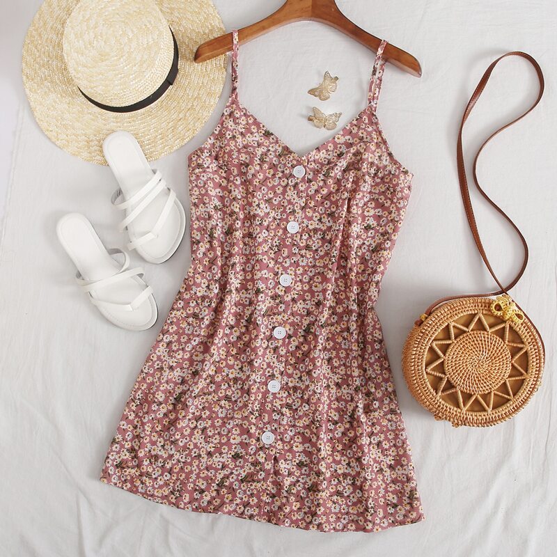 

Single Breasted Front Ditsy Floral Dress, Dusty pink