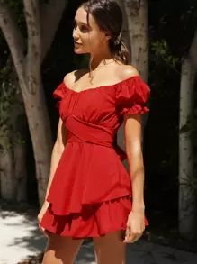 SHEIN Off Shoulder Tie Back Ruched Bust Ruffle Hem Romper - Red - View 3